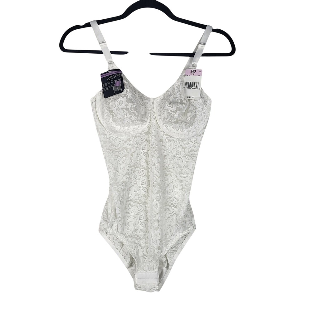 Bali Shapewear Bodysuit Womens 34D White Lace Solutions All-Over Smoothing New
